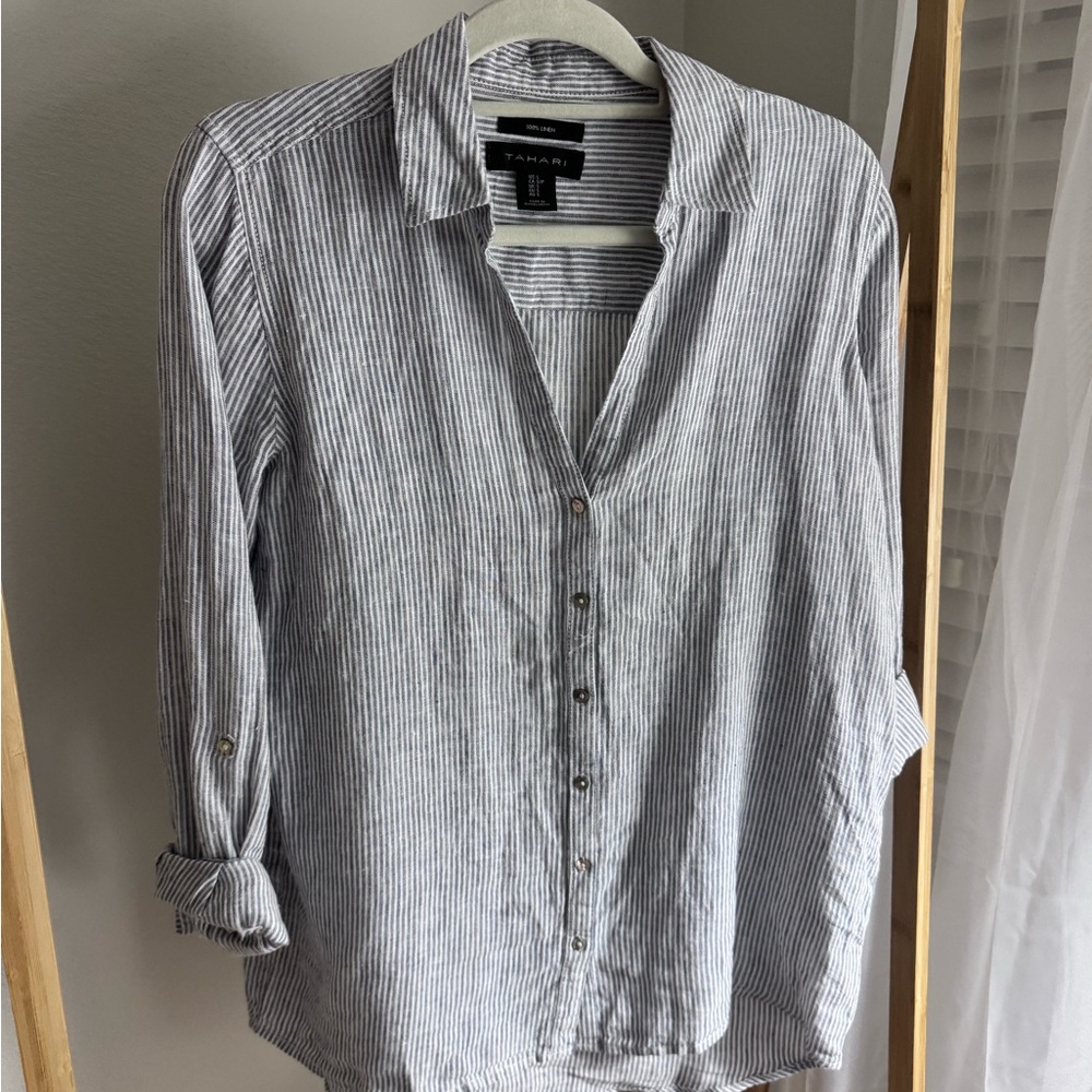 Tahari Women’s Striped Button Down Shirt - Navy and White